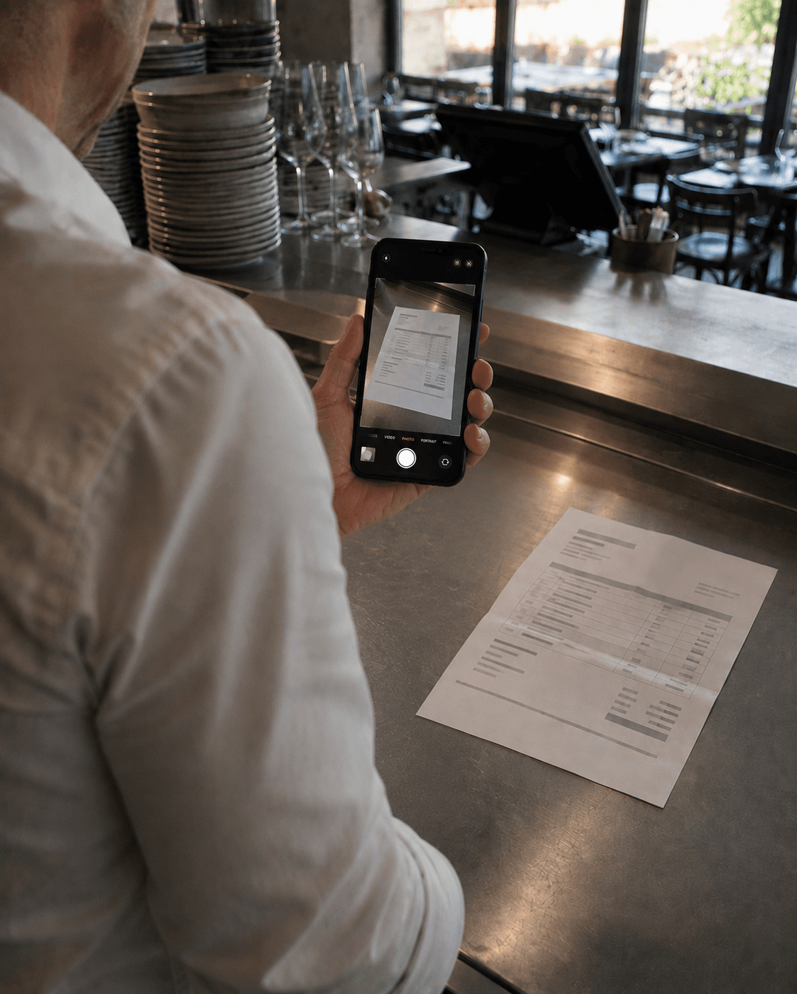 Responsable de un restaurante fotografiando una factura de proveedor con el móvil