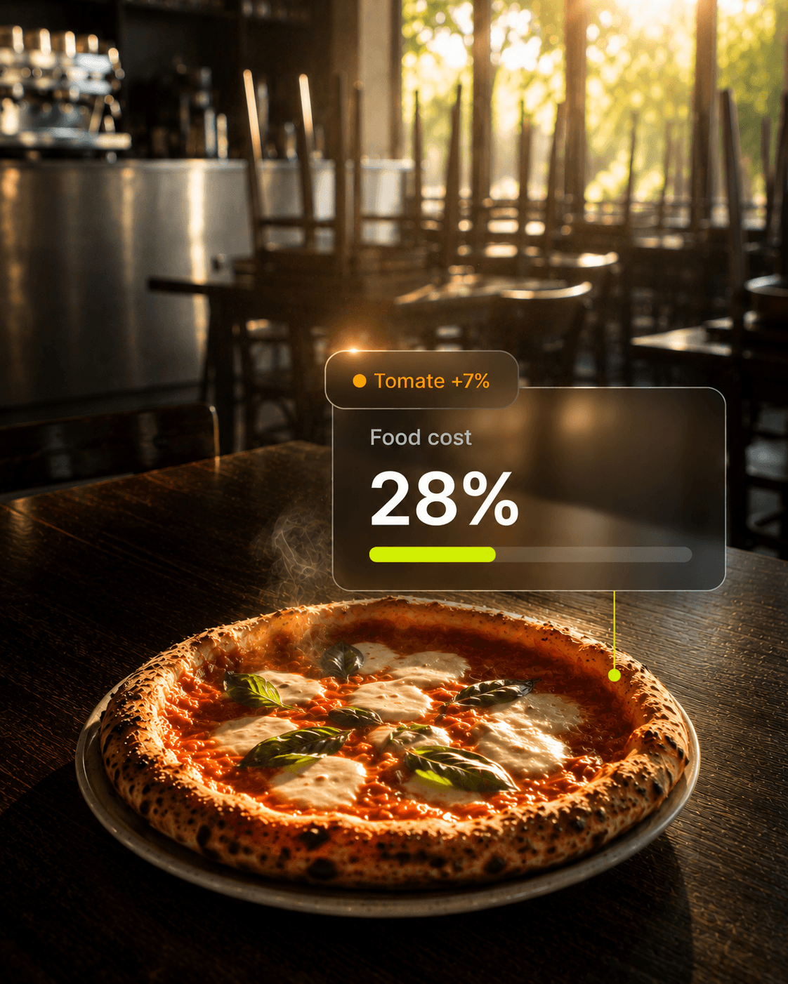 Ejemplo de pizza con un food cost del 28 % y una subida del precio del tomate